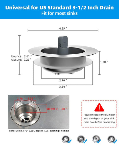 Hibbent Upgraded 3 in 1 Kitchen Sink Drain Strainer and Stopper Combo, Stainless Steel Metal Pop Up Sink Stopper, Anti-Clogging Basket with Foldable Handle for US Standard 3-1/2 Inch Drain
