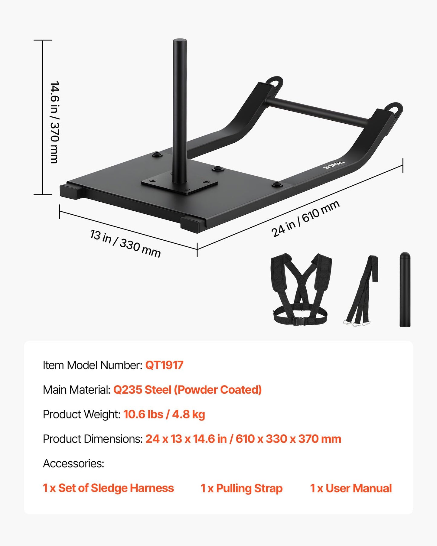 VEVOR Weight Sled, Steel Power Sled, Fitness Strength Training Pull Push Running Sled, Fitness Workout Sled Push Gym Equipment, Steel Power Sled with Harness, Compatible 1/2 in Weight Plates, Black