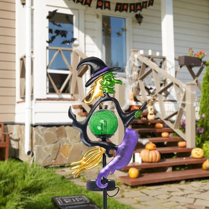 Viveta Solar Halloween Lights, Witch Halloween Decorations Solar Stake Lights with Crackle Glass Ball for Outdoor Pathway Garden Yard Patio, 2 Pack