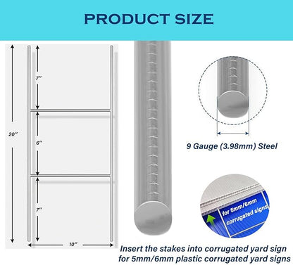 10 Pack H Frame Wire Stakes 20"x10", Metal Yard Sign Stakes for 4mm,5mm and 6mm Corrugated Plastic Yard Signs