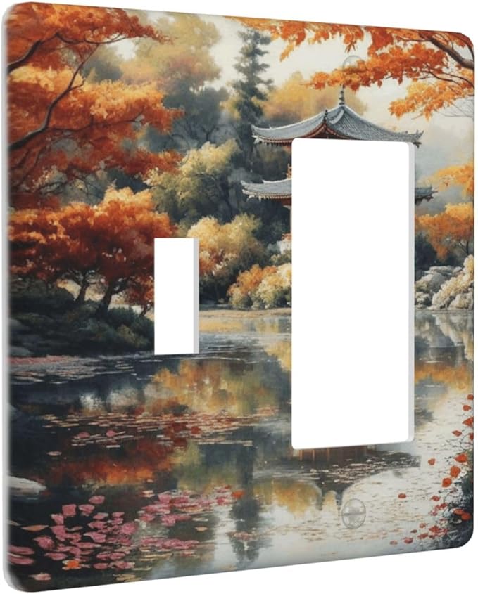 Decorative Art Light Switch Covers Lake & Pagoda in Fall 2 Gang Single Toggle Rocker Combination Electrical Faceplate Switchplate Wall Plate for Home Decor