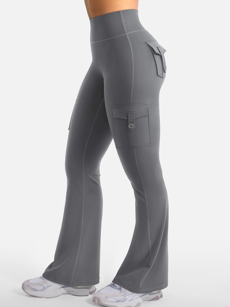 YEOREO CoreFlex Women Workout Flare Leggings with Pockets Hidden Scrunch High Waisted Cargo Gym Yoga No Front Seam Leggings Grey XXL