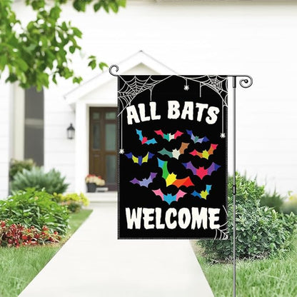 All Bats Welcome Garden Flag, Funny Equality Inclusive Yard Sign for Outside, LGBT Trans Pride Ally Flag, Halloween House Flags, Bat Fall Lawn Porch Outdoor Farmhouse Decor for Family Friend