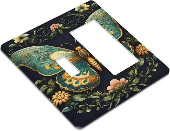 Butterfly, Ornate, Floral Design, Symmetrical, Detailed, Intricate Pattern, Vibrant Colors, Teal, Orange, Yellow, Dark Background, Decorative Art, L