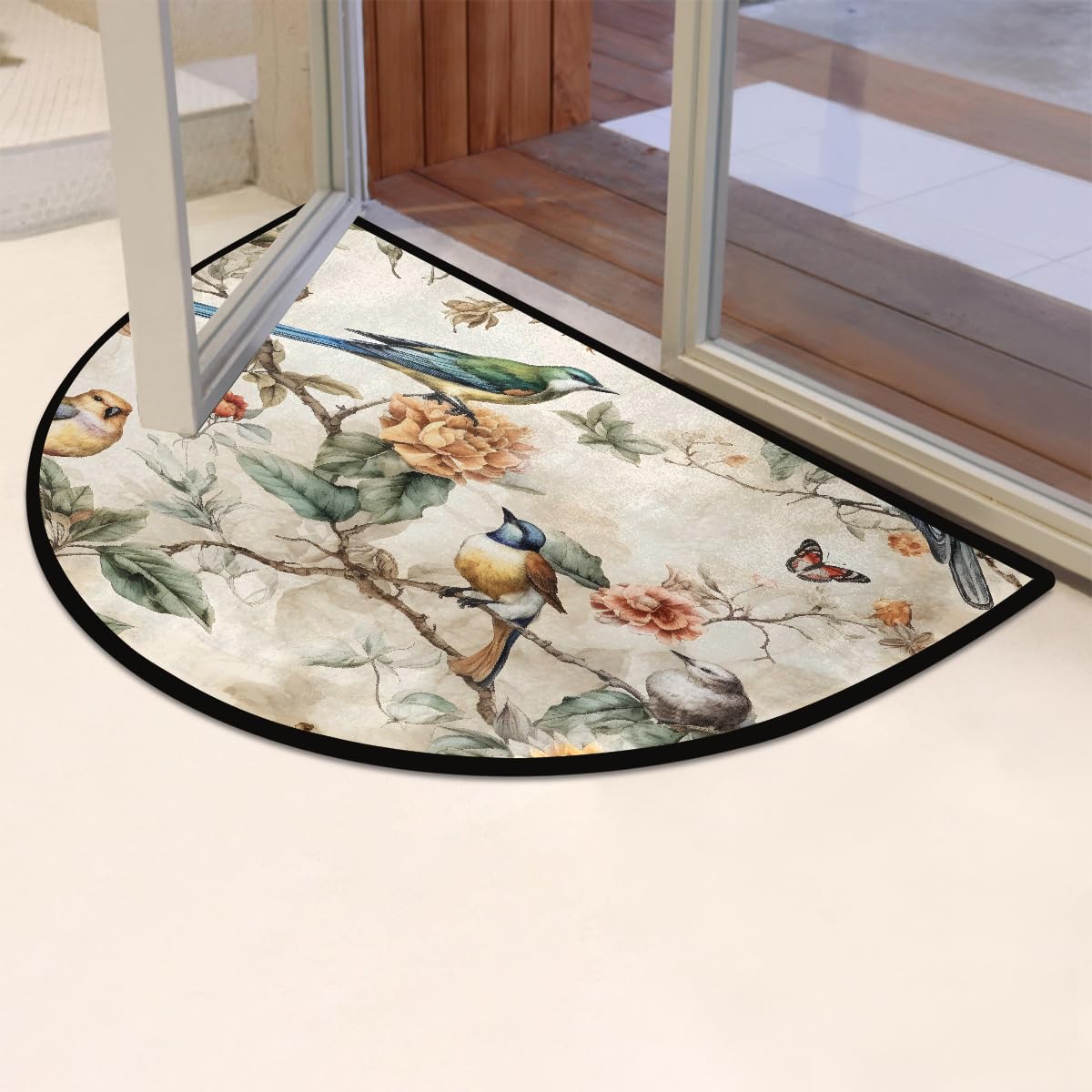 Myfsucce Retro Bird Flower Half Round Rug Door Mat Non Slip Entryway Rug 24" x 36", Welcome Mat for Indoor Front Door Semi Circle Floor Mats for Home Kitchen