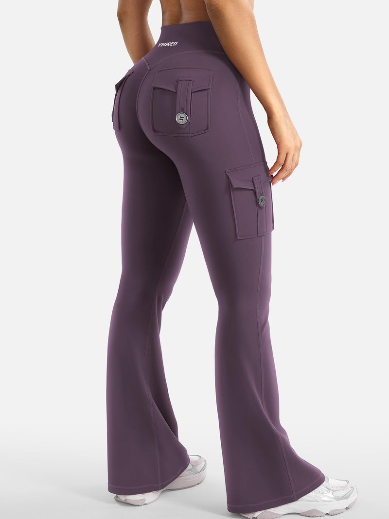 YEOREO CoreFlex Women Workout Flare Leggings with Pockets Hidden Scrunch High Waisted Cargo Gym Yoga Leggings Dark Berry L