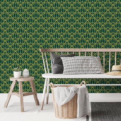 CHIHUT Teal and Gold Lines Wallpaper Peel and Stick Semicircles Triangles Geometric Shapes Wallpaper for Bedroom Living Room Wall Decor Self Adhesive Art Deco Contact Paper for Cabinets 17.7¡±x100¡±