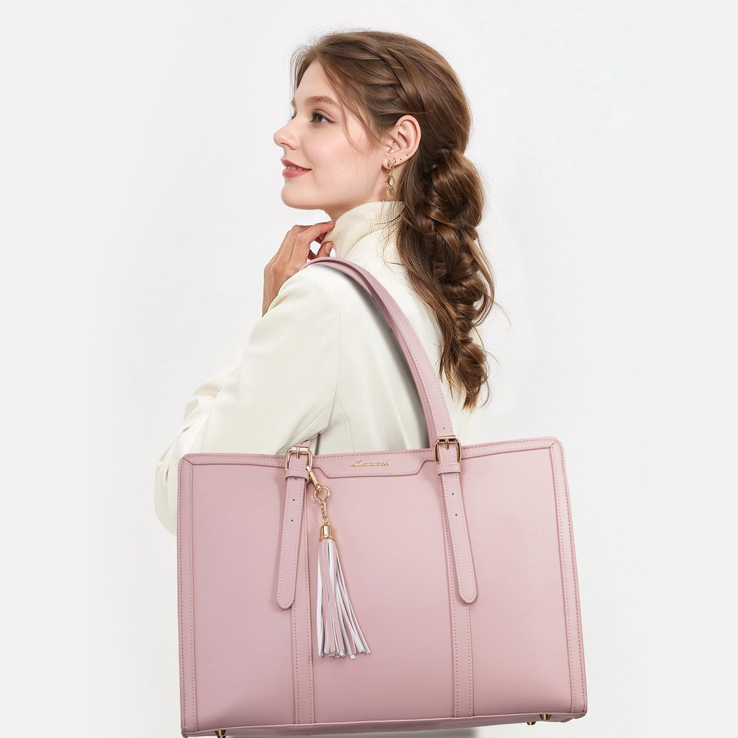 LOVEVOOK Laptop Bag for Women - 15.6 inch Lightweight PU Laptop Tote, Large Capacity Computer Bag with Clutch Purse for Business, Work, Office, Travel, Pink