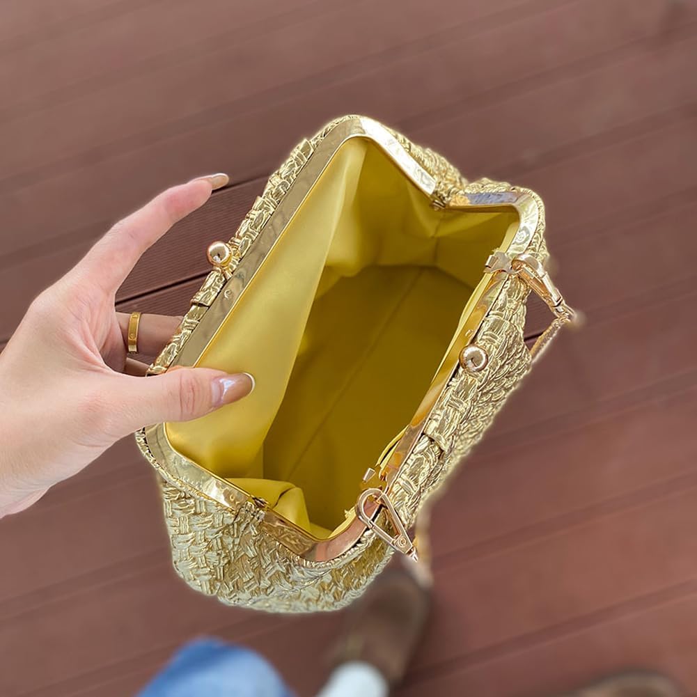 CUXVA Woven Pattern Clutch Purse Ruched Dumpling Evening Bag Chain Strap Handbags Elegant PU Leather Clutch Bag