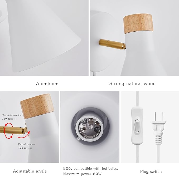 Wall Sconce Set of 2, Wall Sconce with Metal Shade, Plug Switch, Indoor Decor Wall Mount Swing Arm Lamp for Bedroom,Hallway,Living Room,Reading, White