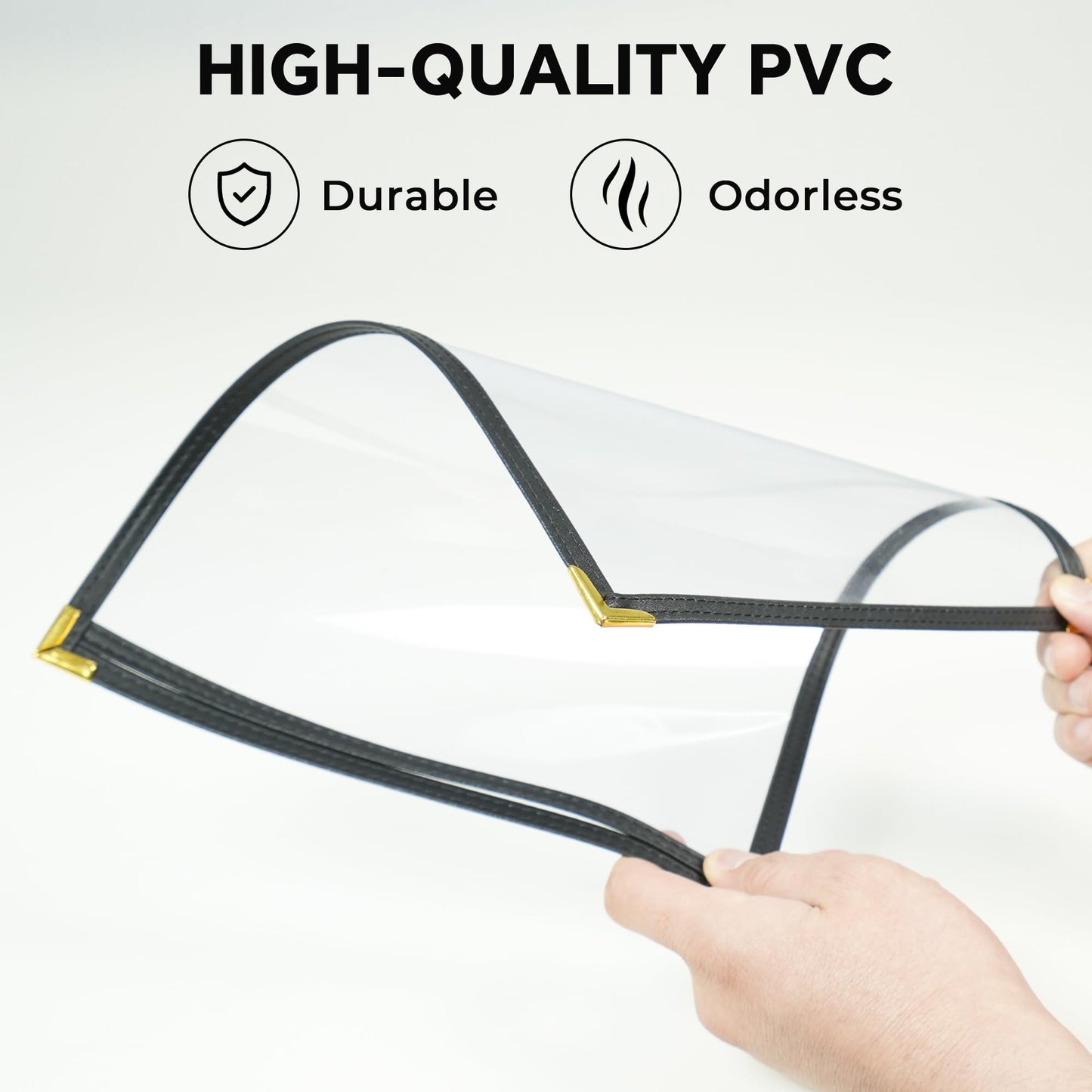10 Pcs Menu Cover 8.5x14 Inch, Legal Size, 2 Pages / 4 Views Menu Sleeves, Clear Waterproof PVC Menu Holder (Black Edge, Gold Metal Corners)
