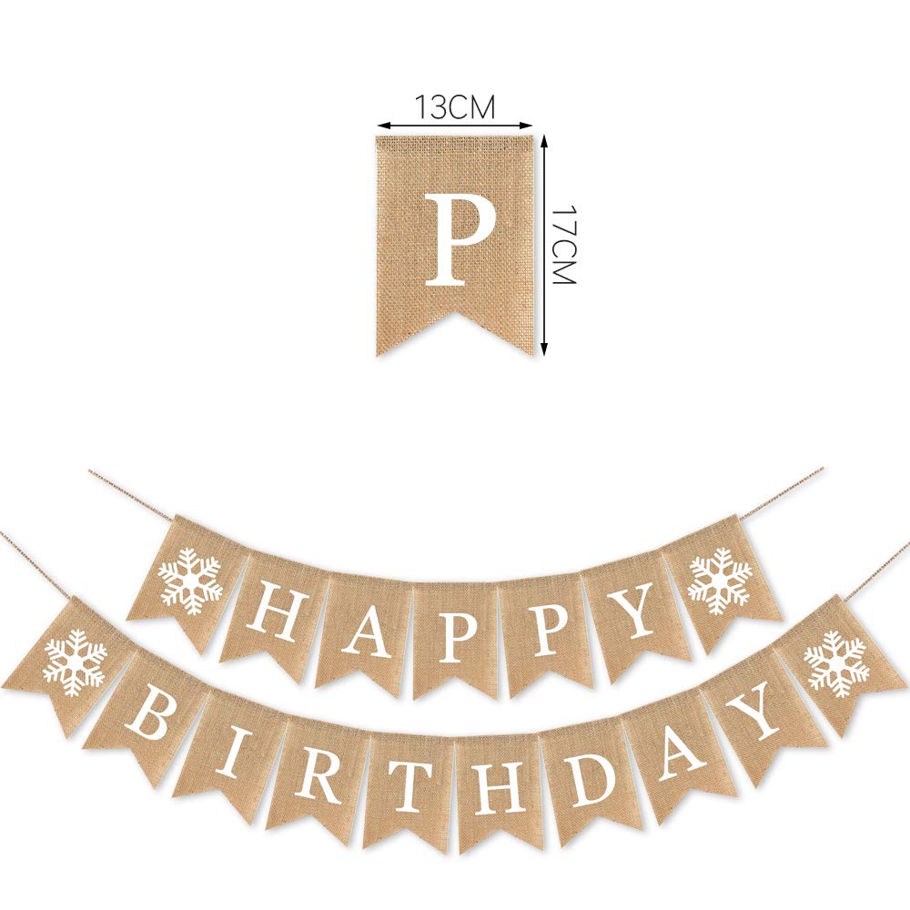 SWYOUN Burlap Happy Birthday Banner with Snowflake Birthday Party Bunting Garland Decoration
