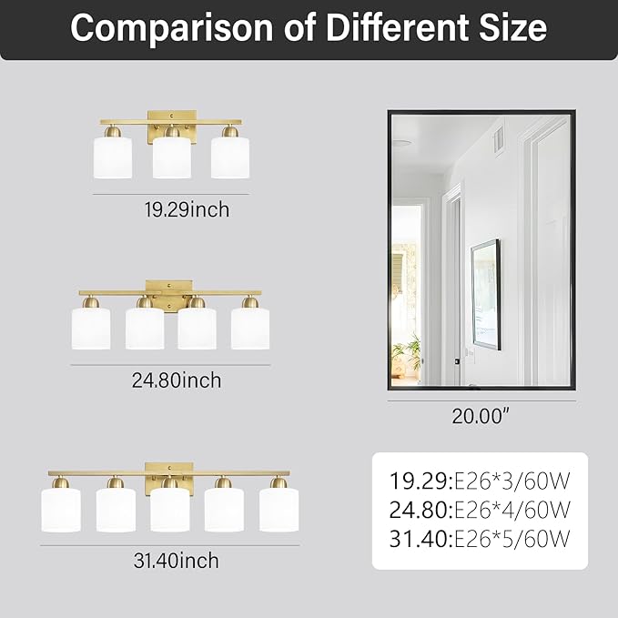 4 Light Gold Light Fixture Bathroom, Brushed Gold Vanity Light with Milky White Frosted Glass Shades, Lights for Bathroom Mirror for Living Room Bedroom Hallway E26 Base
