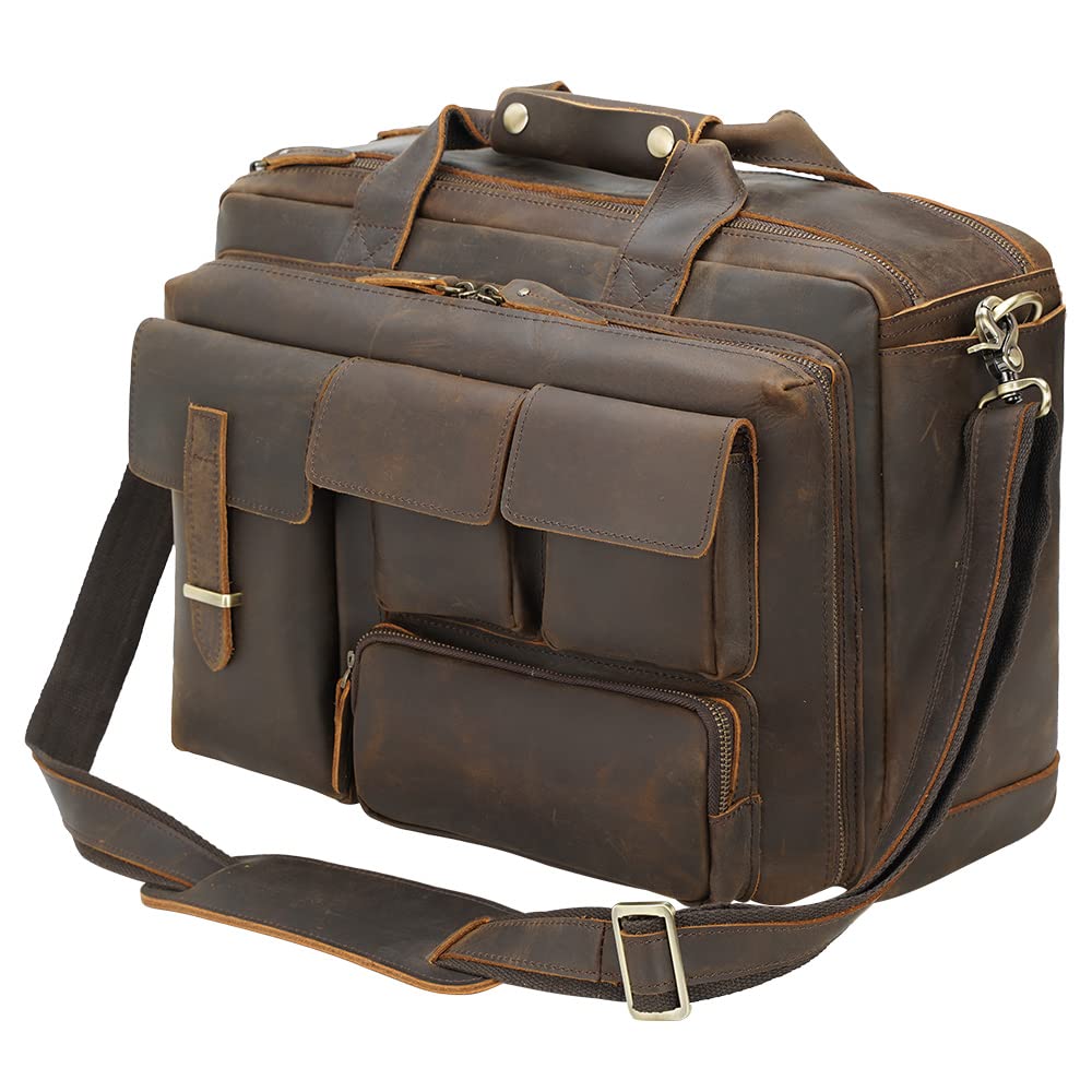 TIDING Full Grain Leather 17.3 Inch Laptop Briefcase for Men, Multi Pockets Work Bag Business Travel Messenger Shoulder Bag