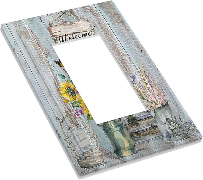 Sunflower Vintage Barn Wooden Single Rocker Light Switch Covers Sun floral 1 Gang Outlet Cover Wall Plate Decorative GFCI Switchplate Faceplate Farmhouse Home Livingroom Decor