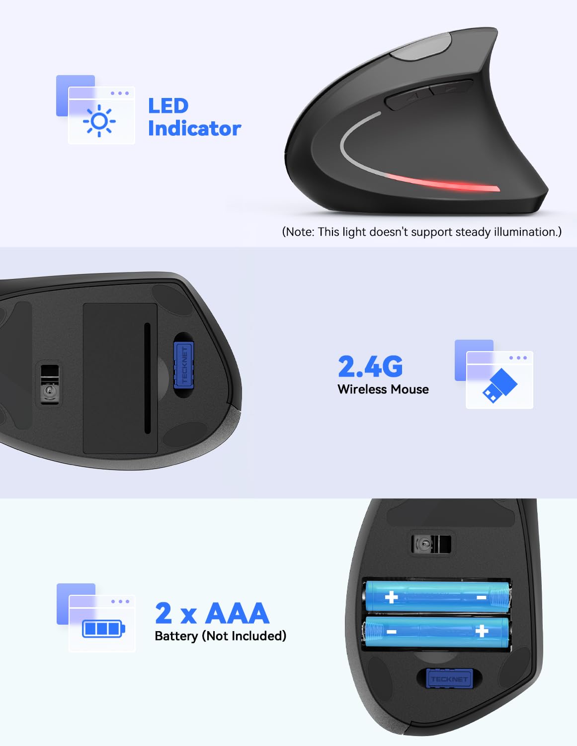 TECKNET 2.4G Ergonomic Mouse Vertical Wireless - 4800 DPI Optical Carpal Tunnel Mouse Right Hand, 5 Adjustable DPI, Quiet Clicks, 6 Buttons for Laptop, Desktop, PC, Computer - Black