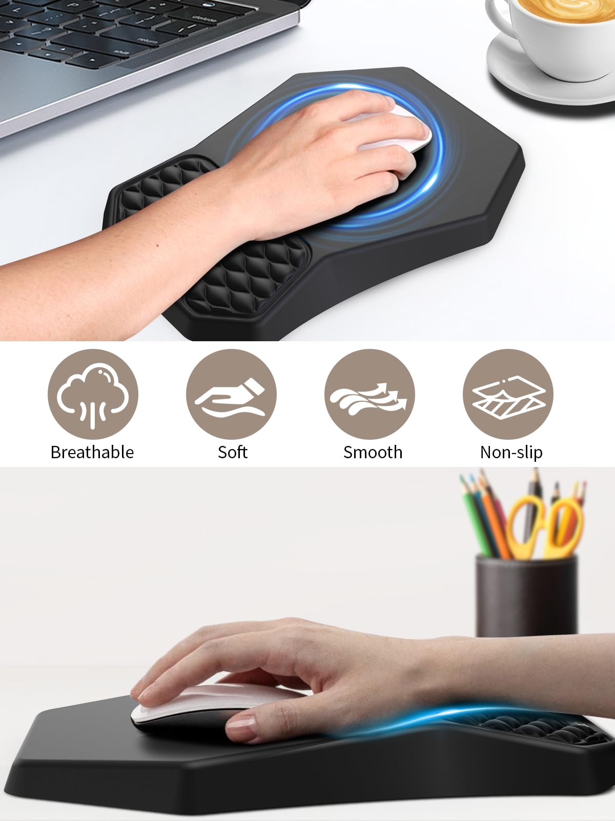 3-in-1 Ergonomic Keyboard Stand with Wrist Rest & Mouse Pad Set, Comfy Keyboard Riser Holder Soft Mousepad with Massage Design, Memory Foam and Non-Slip PU Base for Pain Relief, Black