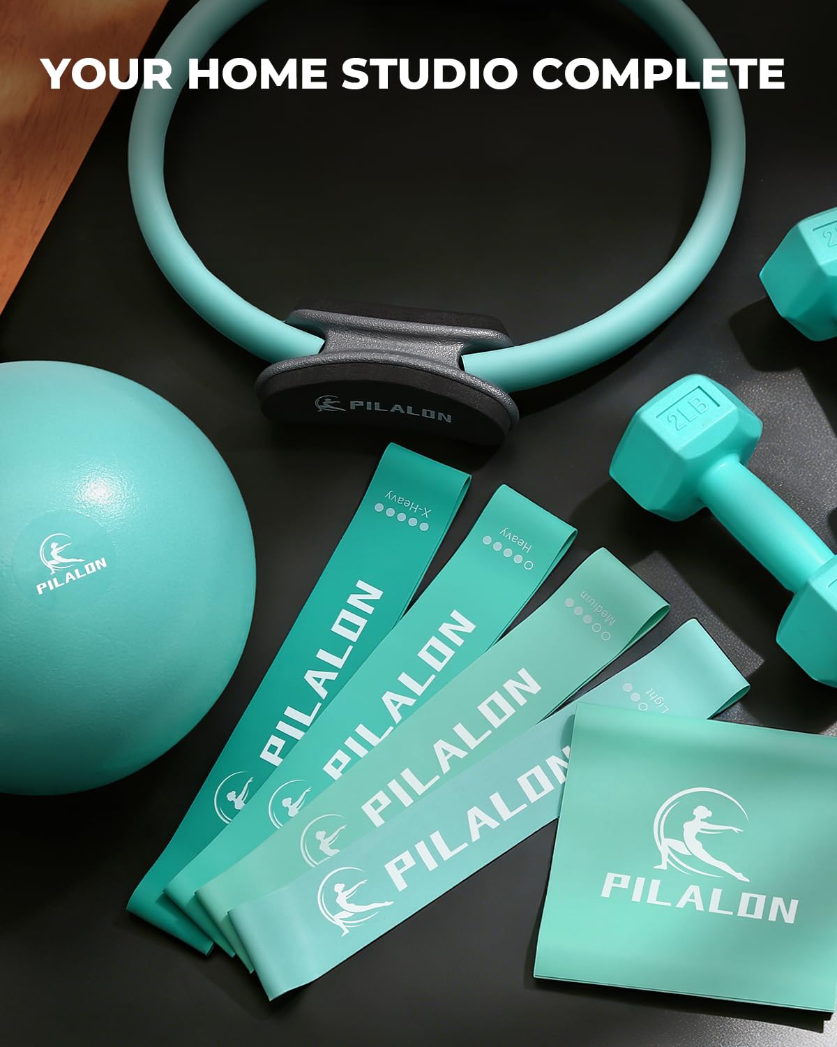 PILALON Pilates Ring Set - Studio-Grade Anti-Deformation Pilates Kit - Pilates Equipment for Home Workout - 14'' Pilates Ring, Pilates Ball, 2 Dumbbells, 5 Resistance Bands for Toning Arms, Thighs