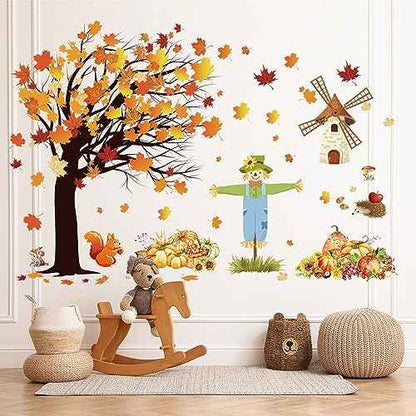 Fall Maple Leaves Wall Decals Autumn Pumpkin Scarecrow Wall Stickers Thanksgiving Fall Tree Wallpaper Cute Sqiirrel Windmill Mural DIY Removable Wall Art for Kids Bedroom Playroom