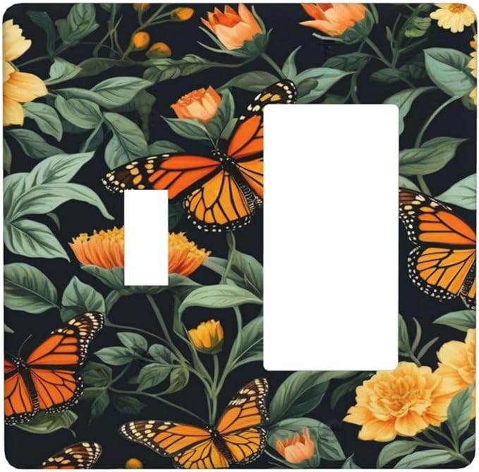 Butterflies, Floral Pattern, Monarch Butterflies, Nature Illustration, Vibrant Colors, Orange And Yellow Flowers, Dark Background, Botanical Art