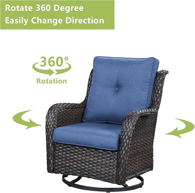 Rilyson Wicker Rocking Chair Swivel Chairs - 2 Piece Rocker Patio Chairs Set Rattan Rocking Chair for Outdoor Porch Deck Garden Backyard (Brown/Blue)