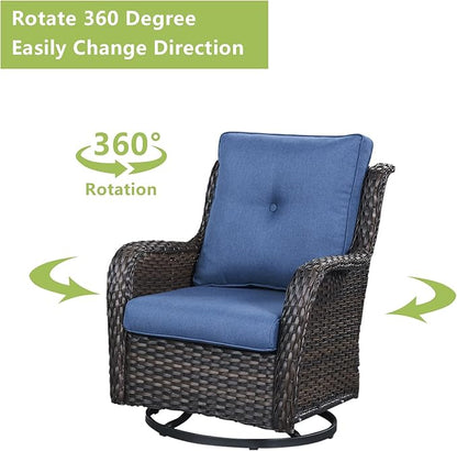 Rilyson Wicker Patio Furniture Set - 5 Piece Rattan Outdoor Sectional Conversation Sets with 2 Rocking Swivel Chairs,2 Ottomans and 1 Sofa for Porch Deck Garden(Brown/Blue)