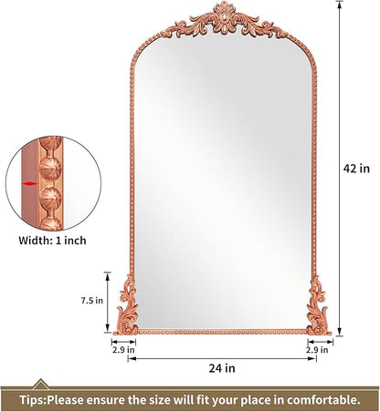 Growsun Arched Mirror, 24’’x42’’ Antique Baroque Traditional Ornate Wall Mirror Decor with Full Metal Frame for Fireplace/Entryway/Living Room/Bathroom
