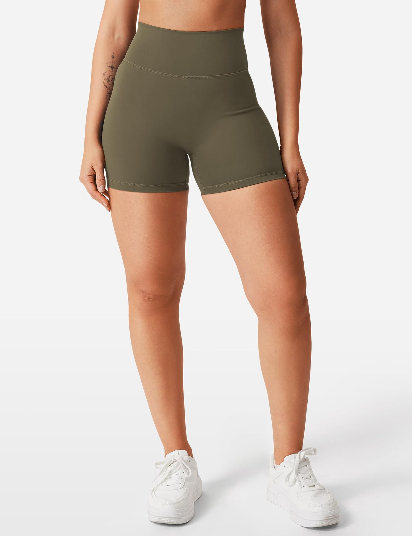 YEOREO Women's Biker Shorts 4.5" / 6" Workout Gym Shorts Craze High Waist Tummy Control Hidden Scrunch Running Yoga Olive Green XL