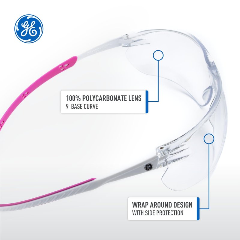 GE Safety Glasses - Scratch-Resistant Durability, Clear Protective Lenses, UV Shielding, Eye Protection, Outdoor, Indoor, Labs & Construction Safety Work Glasses for Men and Women - White/Pink