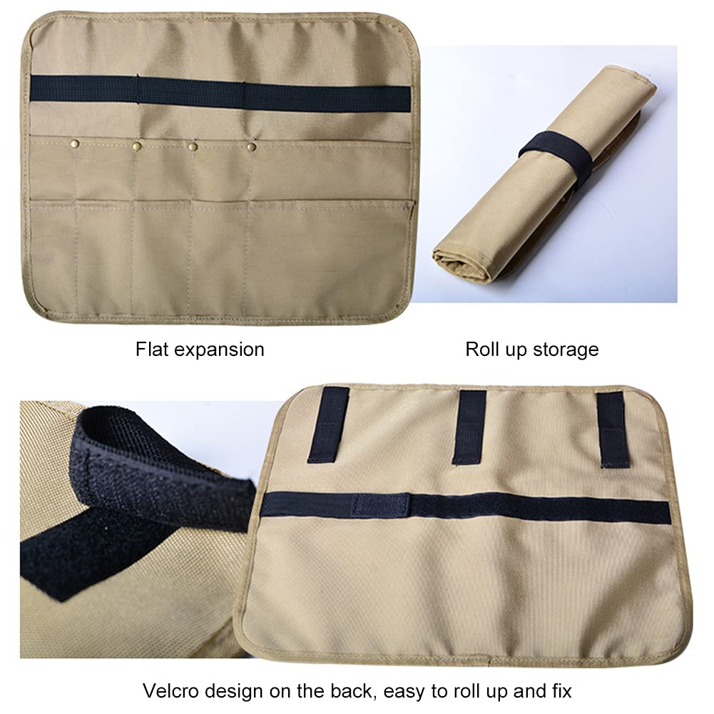 PWPAM Camping Tableware Storage Bag Picnic Cutlery Organizer Cooking Utensils Hanging Bag (Square, Khaki)