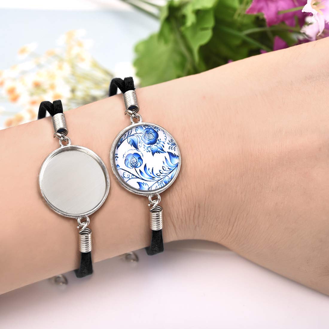DROLE 40Pcs Black Leather Bracelet Blanks - 20mm Cabochon Bezel Tray Blank Bracelets with Black Bracelet Chain for Jewelry Making