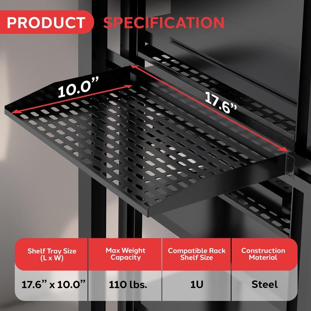 Pyle 2-Pc 1U Server Rack Shelf, Vented Shelves for Good Air Circulation, Cantilever Mount, Wall Mount Rack, Universal Device, Cabinet Shelf, Computer Case Mounting Tray, Black-Pyle PLRSTN14UX2