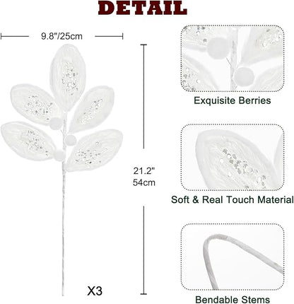 Briful 3PCS White Fur Christmas Picks and Sprays - 21.2" Plush Christmas Leaves Stems with Glitter Sequins for Xmas Tree Wreath Garland Holiday Floral Decor
