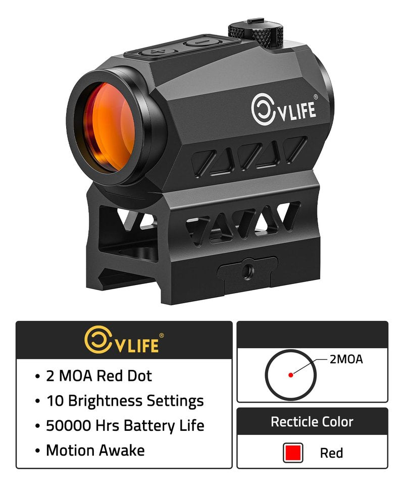 CVLIFE JackalHowl Red Dot Sight,1x20mm 2MOA Red dot Motion Awake Red Dot Scope Compact Red Dot Optics with Co-Witness Riser and Low-Profile Mount,10 Brightness Button Settings