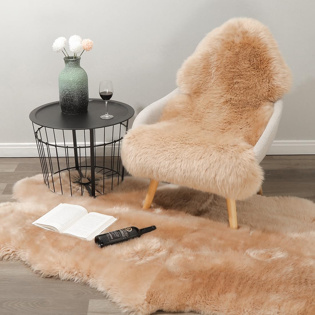 Real Sheep Skin Rug with Little Patches-Genuine Fuzzy Sheepskin Carpet for Bedroom Floor Living Room Sofa Luxury Fur Wool Pad (Light Brown, 2FT×6FT Patchwork)