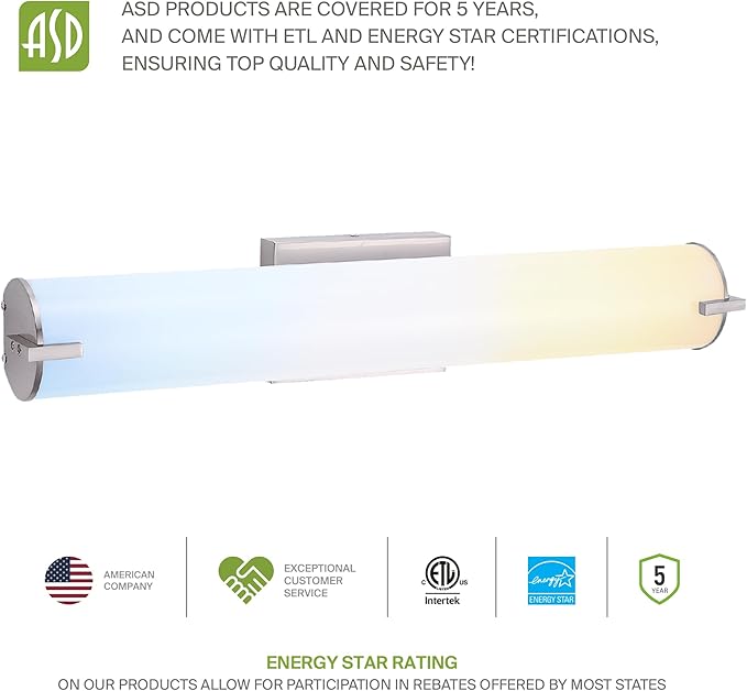 ASD LED 24" Vanity Wall Mount Light Fixture, Linear Bathroom Lighting Bar | 3CCT, Dimmable, Energy Star, ETL Listed | 25W 1950LM 3000-5000K 120V | Long Tube Bath Sconce Over Mirror | Nickel