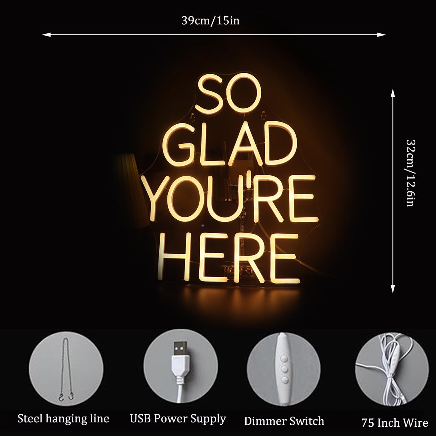 QiaoFei LED "So Glad You Are Here" Neon Sign Pink Word/Letters USB Powered Neon Lights for Bar Coffee Room Home Art Wall Decor  Birthday/Wedding Party Window Living Room Decor(Warm white)