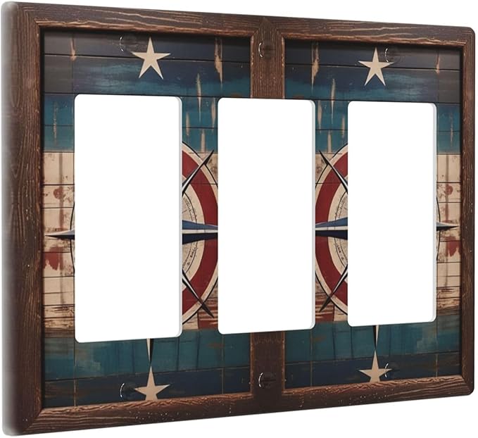 Decorative Art Light Switch Covers Nautical Rustic Star Emblem 3 Gang Triple Rocker Outlet Switch plate GFCI Faceplate GFCI for Home Decor