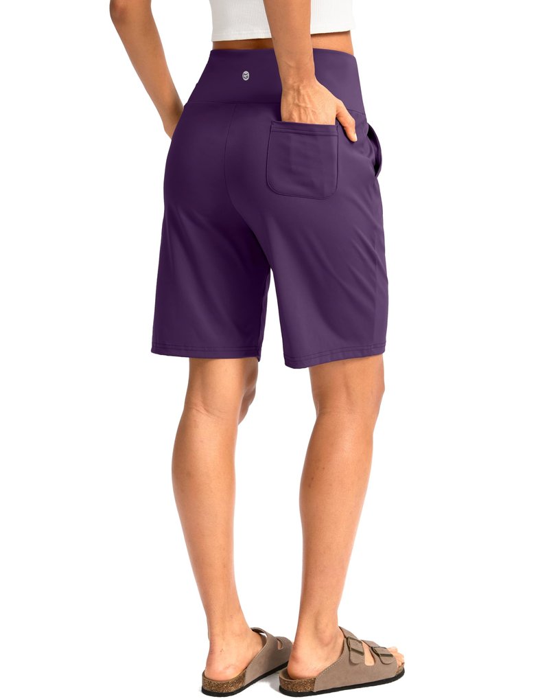 G Gradual Women's Bermuda Long Shorts with Pockets 9" High Waisted Knee Length Shorts for Women Walking Athletic Workout(Purple,S)