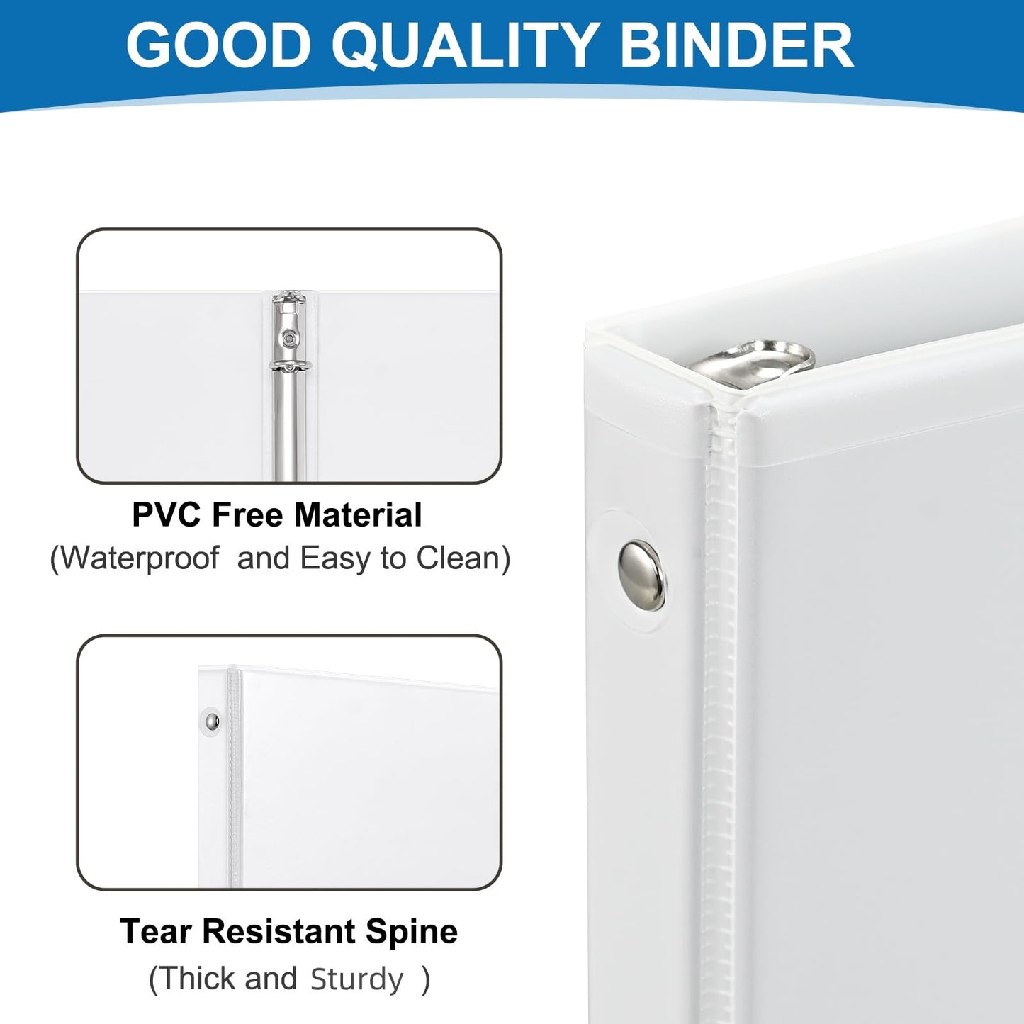 SUQJOY Durable 1-inch 3-Ring Binder, 1 Inch Round Ring Binder with 2 Inside Pockets, 8 Pack White Binder, Clear View Cover Binder Holds 8.5'' x 11''Paper for Office/Home/Back to School