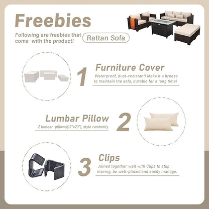 6 Pieces Outdoor Furniture 60000BTU Outdoor Propane Fire Pit Wicker Patio Furniture Set 45" Steel Fire Table Anti-Slip Cushions Waterproof Covers, Khaki