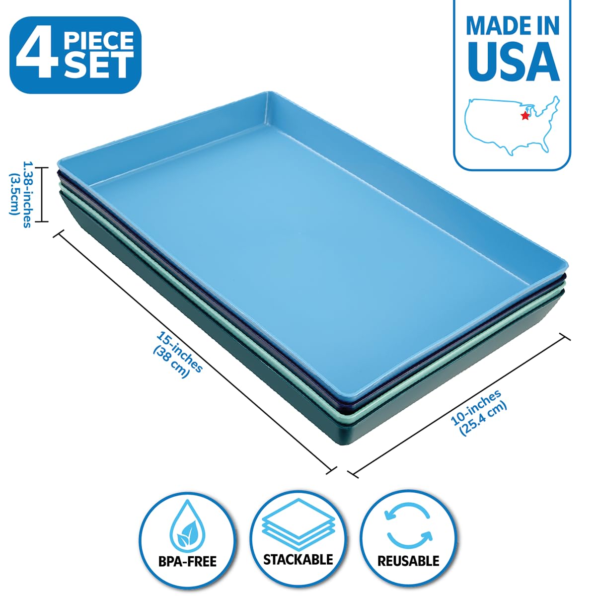 US Acrylic Coastal Plastic Serving Trays (Set of 4) 15” x 10” | Large Unbreakable Reusable Rectangular Party Platters | Serve Appetizers, Fruit, Veggies, & Desserts | BPA-Free & Made in USA