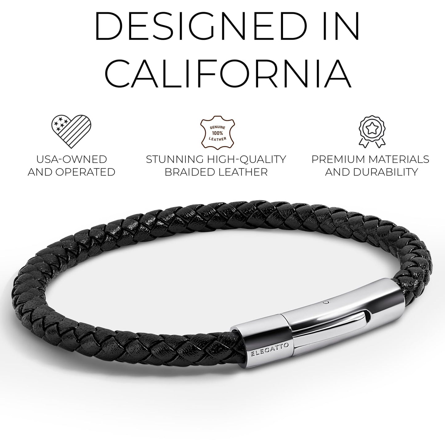 Elegatto Elagio Premium Braided Leather Bracelet for Men | Full-Grain Braided Leather with Sterling Silver Polished Stainless Steel Clasp | Men’s Designer Bracelets | Extra Large