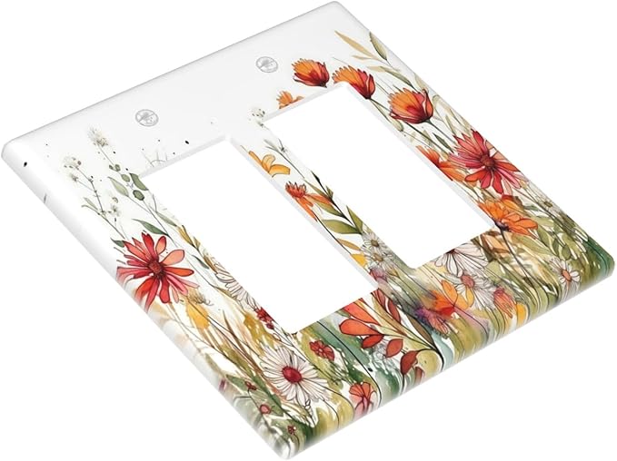 Watercolor Wild Flower Floral Double Rocker Light Switch Cover 2 Gang Outlet Wall Plate Decorative GFCI Switchplate Electrical Faceplate for Nursery Bedroom Bathroom Decor