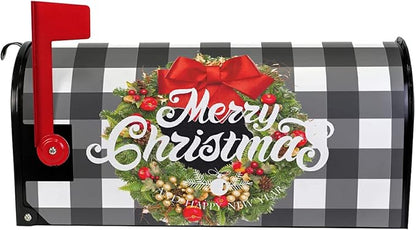 Kcldeci Merry Christmas Magnetic Mailbox Cover Buffalo Check Plaid Xmas Wreath Magnetic Mailbox Covers Post Box Cover Wraps for Garden Yard Decor Large Size 21" X 18"