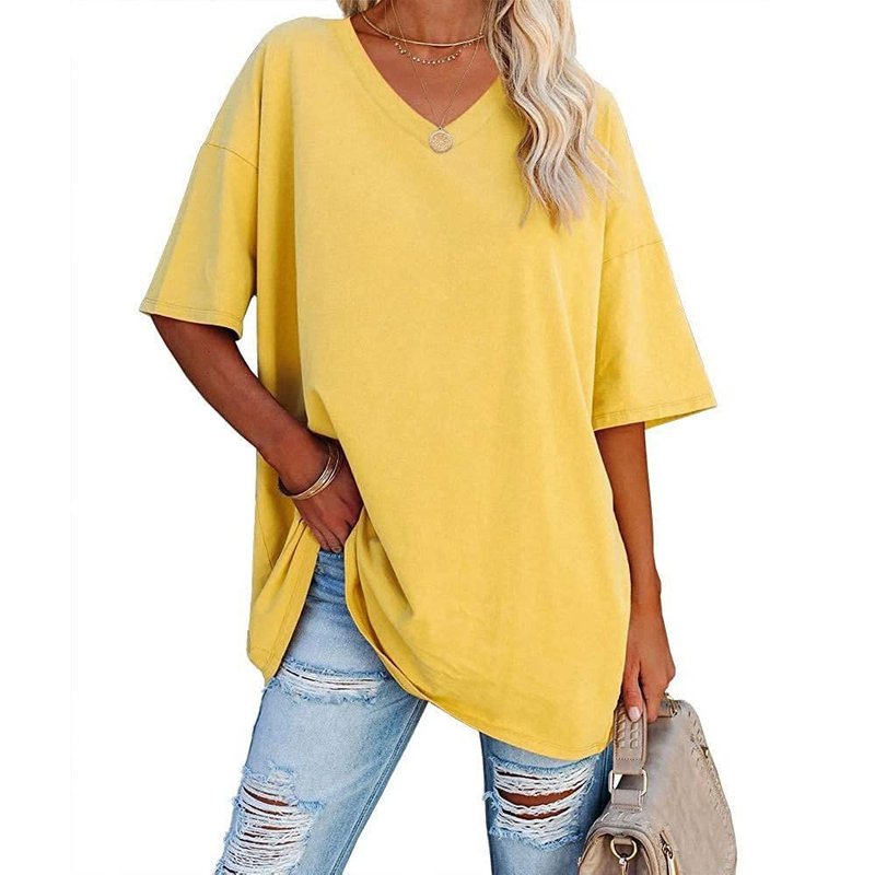 LOAIHA Womens Summer Tops Casual V Neck Short Sleeve Solid Color Basic T Shirt XX-Large Yellow 2