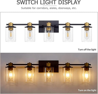 5 Light Bathroom Vanity Light, Black and Gold Bathroom Light Fixtures, Sconces Wall Lighting with Clear Glass Shade, Modern Brushed Gold Vanity Lighting fixtures for Bathroom, Bedroom, Hallway