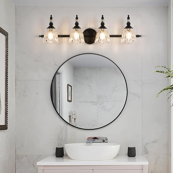 Bathroom Vanity Light, Matte Black 4 Light Vanity Lighting Fixtures, Antique Vanity Light with Flower Glass Shade, Bathroom Lighting Fixture Over Mirror, Sconces Wall Lighting for Hallway