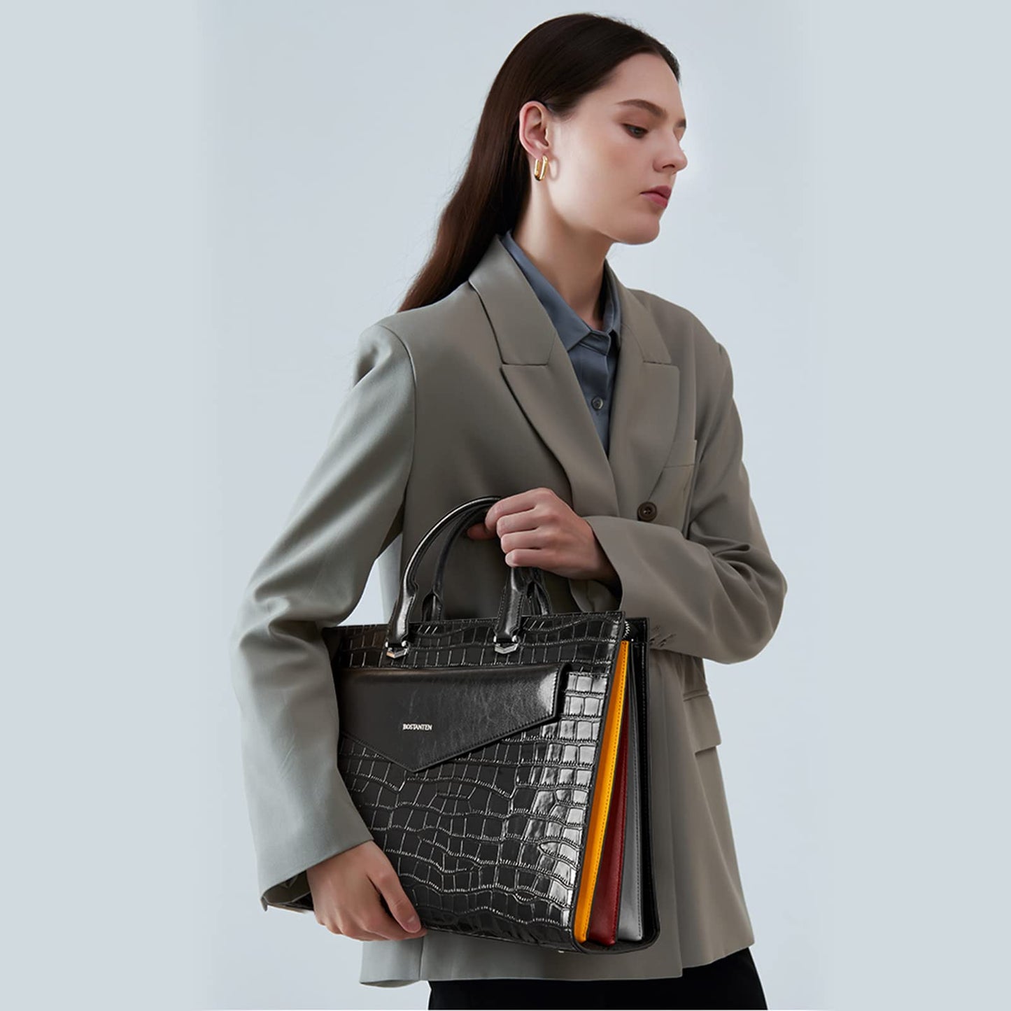 BOSTANTEN Laptop Briefcase for Women 15.6 Inch Tote Bag Genuine Leather Handbag Crocodile Pattern Work Bussiness Bag