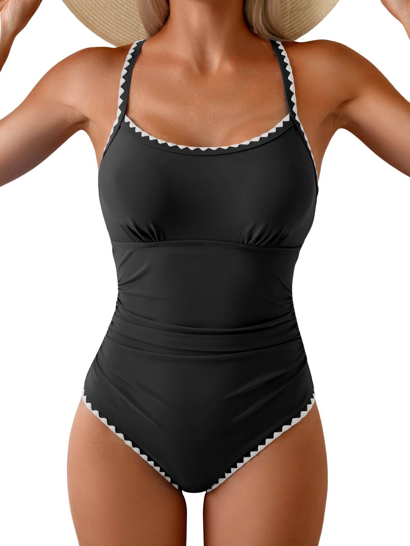 Eomenie Women's One Piece Swimsuit Tummy Control Slimming Bathing Suit Ruched Swimwear Tie Back Shell Stitch Swim Suit Black White